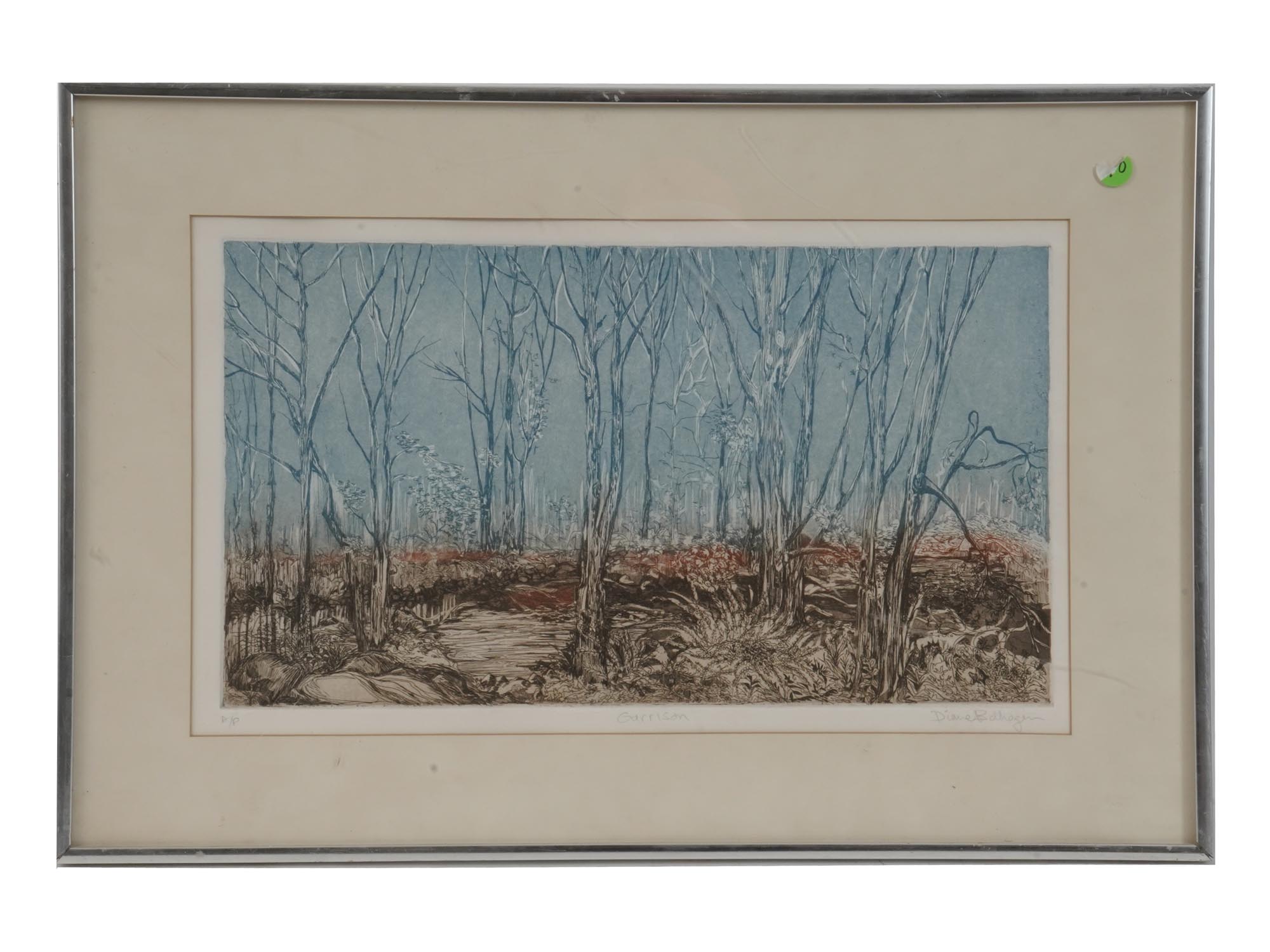 FRAMED WINTER FOREST ETCHING SIGNED DIANE B MAGER PIC-0